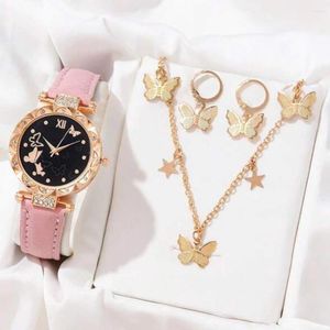 Horloges Dameshorloges Mode Quartz Leather Horloge Ketting Oorbel Set Met Geschenkdoos Vlinder Jewerly