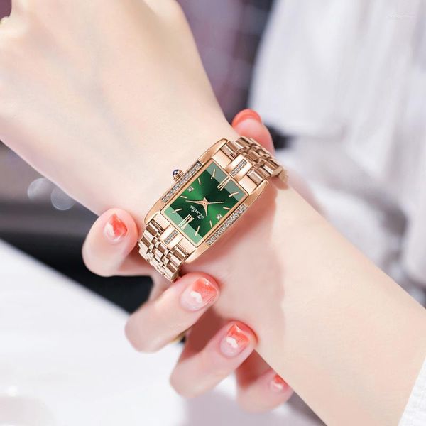 Relojes de pulsera Relojes de mujer Reloj de moda para mujer Correa de acero inoxidable de oro rosa Reloj de pulsera de cuarzo verde Reloj femenino