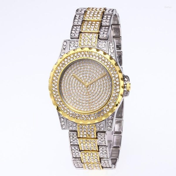 Montres-bracelets femmes montres de luxe Bling entièrement strass or argent hommes diamant montre à Quartz horloge dames montre-bracelet d'affaires