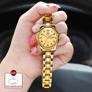 Relojes de pulsera para mujer, reloj de pulsera de cuarzo, fecha dorada, acero inoxidable, conjunto de pulsera de moda para mujer, caja de regalo, Montre Femme