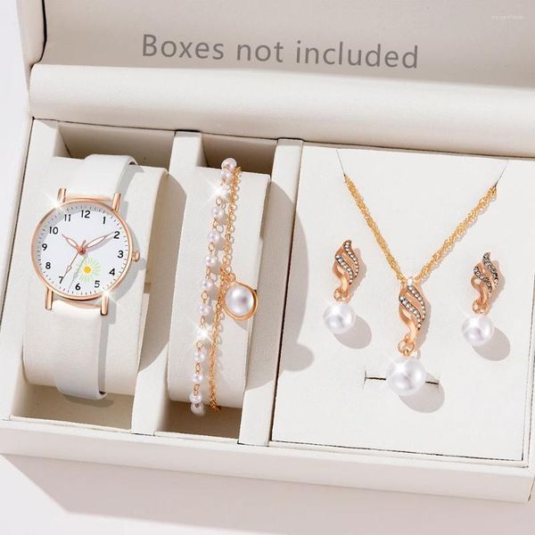 Montre-bracelets Femmes Femmes White Quartz Wristwatch 5pcs / Set Luminous Daisy Watch Pu Leather Strap Pearl Jewelry Gift pour elle