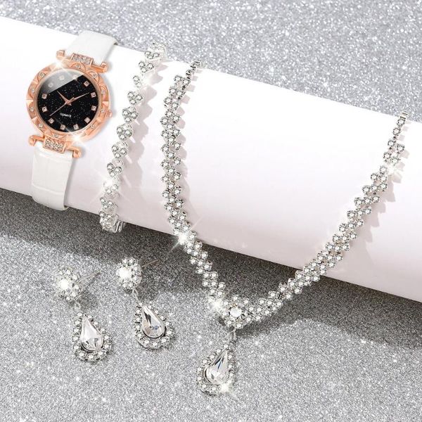 Montre-bracelets Femmes White Watch 5pcs / Set Square Diamond Diamond Starry Skywatch Pu Leather Strap Bright Jewelry Set Gift pour elle