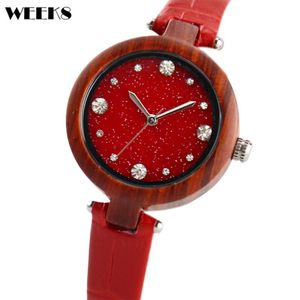 Montreuses de bracelet Femmes Wood Watch Hinestone Diamond Small Leather Band Ladies Watches Bamboo Wooden Wristwatch Clock Female Relogio Mascul 181a