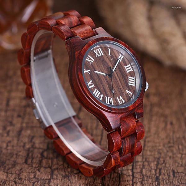 Relojes de pulsera Mujer Reloj de madera Números romanos Dial Relojes de pulsera Rosa Personalizado Señoras Reloj de pulsera de cuarzo Vestido Caja de madera Reloj para regalo