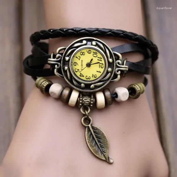 Montres-bracelets femmes Bracelet tissage Wrap Quartz cuir feuille perles montres-bracelets montre-bracelet rétro fausse horloge 2023