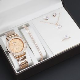 Mujeres de pulsera Moda de moda para mujeres Pendientes de pulsera de collar de diamantes de imitación de lujo Juego de cuarzo de pulsera causal elegante Reloj