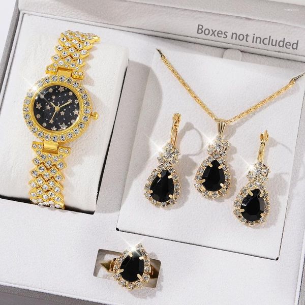 Montre-bracelets Womens Gold Watch Ring Collier Boucles d'oreilles Bracelet Bijoux Set Diamond Fashion Wristwatch Starry Sky Dial Watchs Casual Quartz