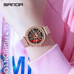 Relojes de pulsera Reloj de carreras para mujer 2023 Moda Correa de malla de oro rosa Relojes impermeables Dial de freno Tendencia Cuarzo Zegarek DamskiWristwatches Hec