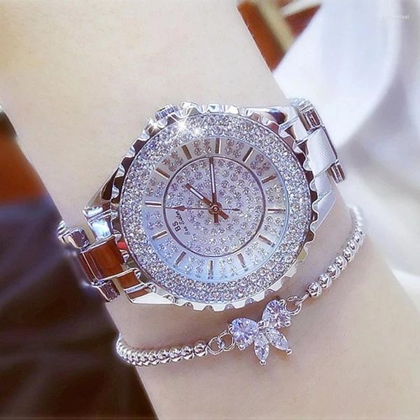 Montres-bracelets Femmes Montres 2023 Mode Top Diamant Montre-Bracelet Blanc En Acier Inoxydable Étanche Argent Robe Dames