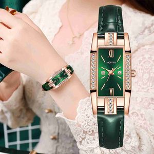 Polshorloges dames horloges mode vierkant dames kwarts horloge armband set groene wijzerplaat eenvoudige lederen luxe vrouwen d240417