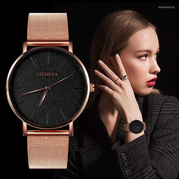 Relojes de pulsera para mujer, relojes de marca superior GENEVA, reloj de pulsera para mujer, malla de oro rosa de lujo, acero inoxidable para mujer