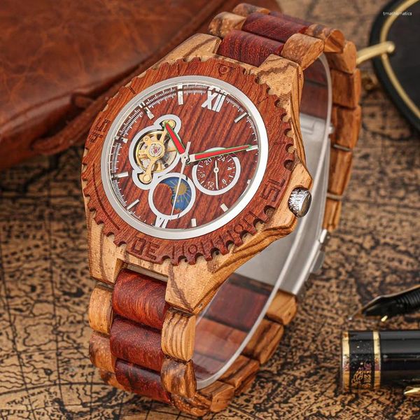 Relojes de pulsera Reloj automático de madera para hombre, pulsera completa, reloj de pulsera con cierre plegable, correa de reloj, relojes masculinos mecánicos con cuerda automática