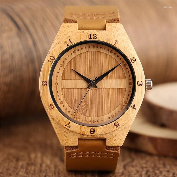 Montres-bracelets en bois bouclier conception cadran hommes montre-bracelet à quartz analogique boîtier en bois de bambou bracelet en cuir véritable montre masculine Relogios Masculino