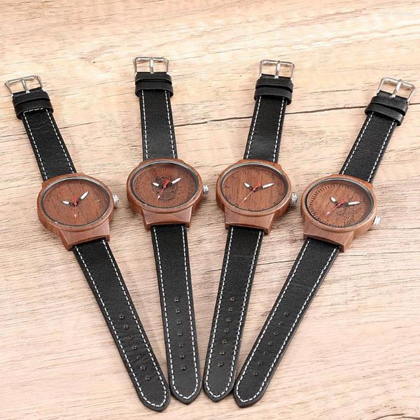 Montres-bracelets Montre en bois Couple Quartz Bois de noyer naturel Chiffre romain Sculpté Abeille Wapiti Crâne Simple Mode Homme Femme Cadeau