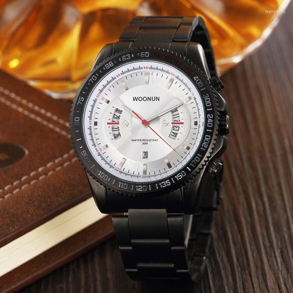 Relojes de pulsera WOONUN, relojes deportivos de moda de marca superior para hombres, acero completo negro, Japón Movt, cuarzo, a prueba de golpes, resistente al agua