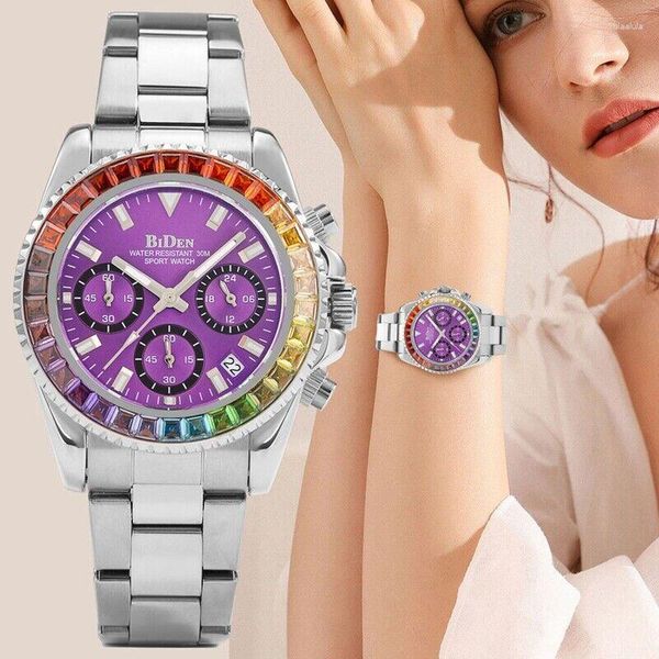 Montres-bracelets Montre-bracelet Cadran violet Femmes Dames Bracelet en acier inoxydable Analogique Élégant Sport Mouvement à quartz Beau cadeau