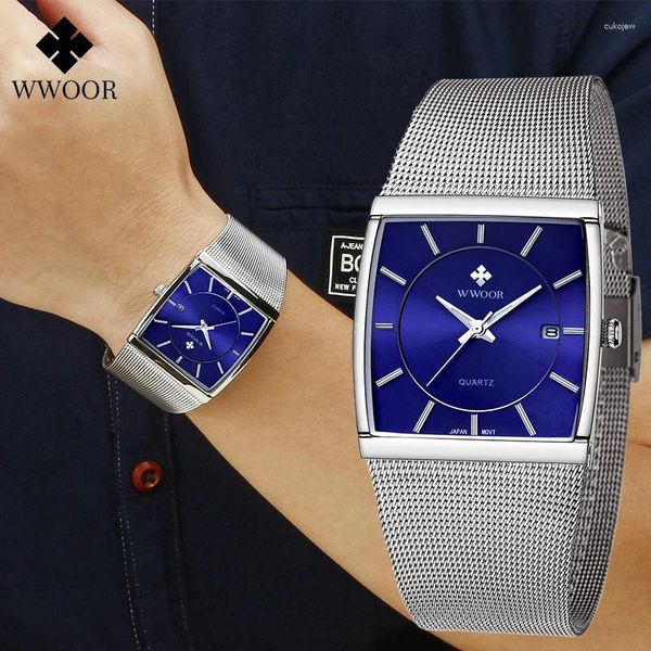 Montre-bracelets Wwoor 2024 Fashion Men Regardez la courroie en maille en acier complète Luxury Luxury pour quartz Sport Wristwatch Reloj Hombre