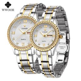 Relojes de pulsera Wwoor Pareja Relojes Hombres y mujeres Marca de lujo Moda Diamante Acero inoxidable Cuarzo Par Amantes Reloj Regalos para cumpleaños 230506