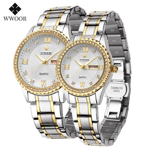 Montres-bracelets WWOOR Couple Montres Hommes et Femmes Marque De Luxe De Mode Diamant En Acier Inoxydable Quartz Paire Amoureux Montre Cadeaux Pour Anniversaire 230506