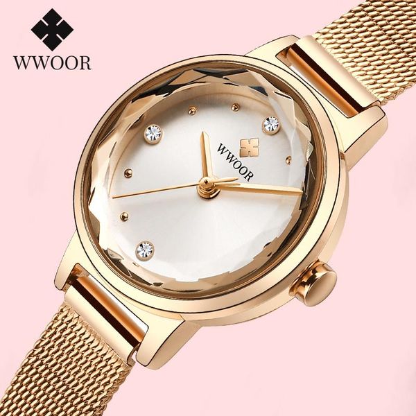 Montres-bracelets WWOOR Mode Diamant Or Rose Petit Bracelet Montres Femme 2021 En Acier Inoxydable Casual Quartz Montre-Bracelet Femmes Top Marque Cloc