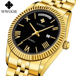 Relojes de pulsera WWOOR Relojes de oro para hombre de acero inoxidable de lujo con calendario a prueba de guerra Reloj masculino Semana Reloj de pulsera de cuarzo Relogio masculino 230725