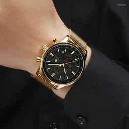 Relojes de pulsera WWOOR, Reloj dorado de lujo para Hombre, cronógrafo clásico ultrafino, resistente al agua, deportivo, de cuarzo, de acero completo, Reloj para Hombre