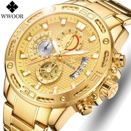 Relojes de pulsera WWOOR Relojes para hombre Marca de moda de lujo Oro Acero inoxidable Reloj de cuarzo Hombres Impermeable Deporte Cronógrafo Relogio masculino 230820
