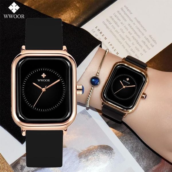 Relojes de pulsera Wwoor Top Women Fashion Black Watch Silicone Ladies Square Reloj de cuarzo Elegante Relojes de pulsera 2235