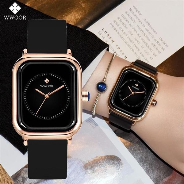 Relojes de pulsera Wwoor Top Women Fashion Black Watch Silicone Ladies Square Reloj de cuarzo Elegante Relojes de pulsera 2279