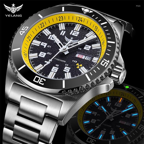 Relojes de pulsera YELANG H3 Gas Auto luminoso Automático Mecánico Girado Dial Fecha Día Zafiro Impermeable 300M Natación Buceo Reloj deportivo