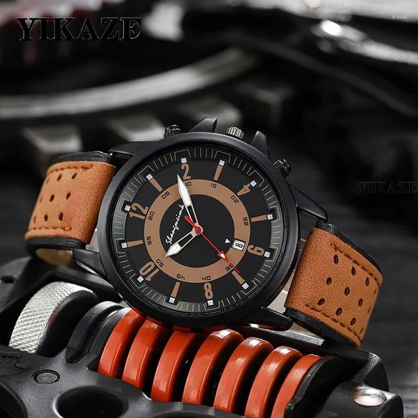 Montre-bracelets Yikaze Men Sports Montres Vintage Man Business Quartz Wristwatch Luxury Brown Leather Strap Date Mindish Clock Watch Gift Cadeaux