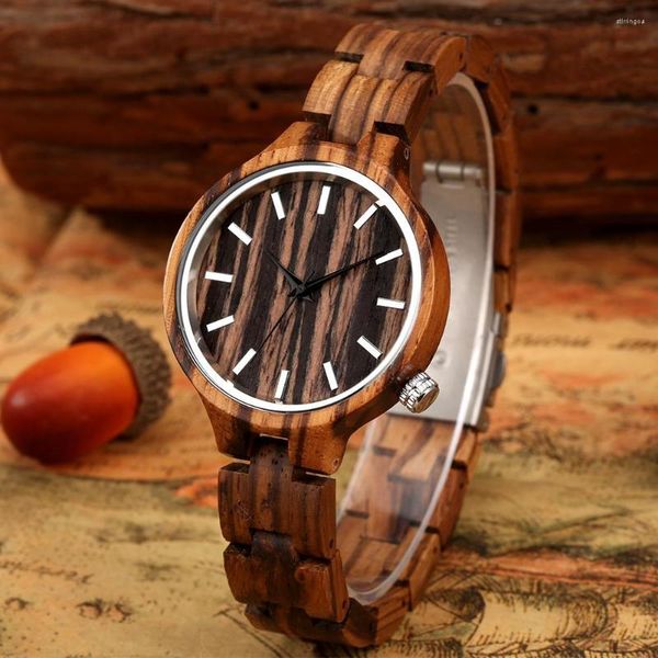 Relojes de pulsera de madera de cebra para hombre, reloj de cuarzo, reloj de pulsera Retro de madera para mujer, relojes completos de regalo, escala Simple, hebilla plegable portátil