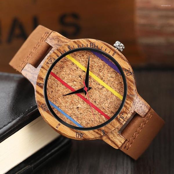 Relojes de pulsera Reloj de pulsera de cuarzo de madera de cebra Línea de rayas de colores Esfera minimalista Relojes de madera para hombre Reloj de escala de banda de cuero marrón de moda