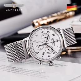 Relojes de pulsera Zeppelin Relojes para hombre Reloj alemán para hombres Cronógrafo Cuarzo Negocios Casual Banda de acero inoxidable Calendario a prueba de agua Fecha Función completa Zafiro