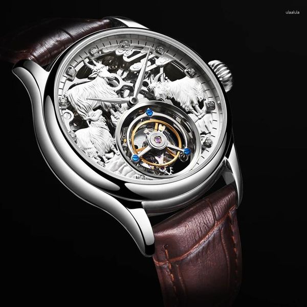 Montres-bracelets Zodiac Sheep Skeleton Mens Tourbillon Montre Top Clock Hommes Cuir Mécanique Mâle