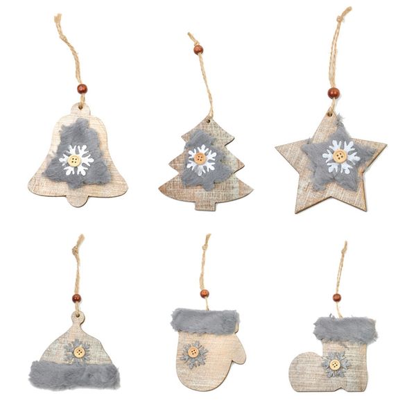 Fournitures de fête WS 6 pièces nouveau modèle arbre de noël étoile cloche bois laine perceuse pendentif chapeau gants bottes neige bouton ornements