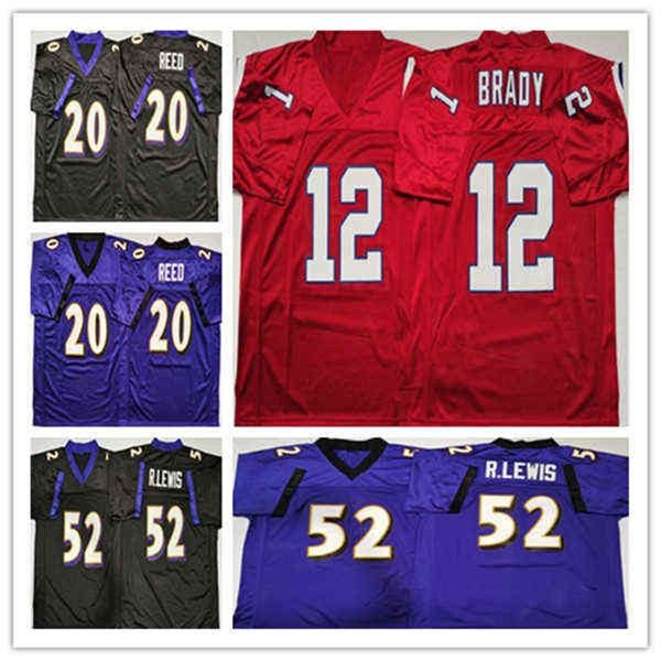 Ws American College Football Wear Hommes Vintage NCAA Football 12 Tom Brady 20 Ed Reed 52 Ray Lewis Cousu Noir Violet Rouge Jersey Pas Cher Wholesa