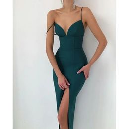 Wsevypo elegante vestido ajustado a media pierna con abertura larga para mujer, vestido Sexy con tirantes finos y corsé, vestido de fiesta para discoteca, ropa sin espalda 240321