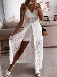 Wsevypo Femmes Spaghetti Stracles Long Beach Robe Boho Summer sans manches creux Out Lace Floral Play Suit Sundress Lady tenue 240518