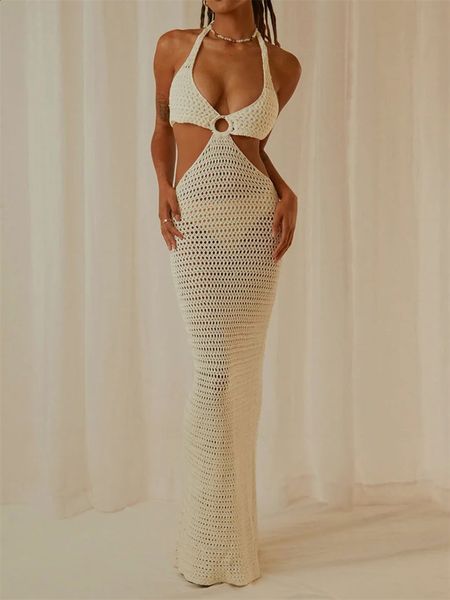 Wsevypo Femmes Summer Long Beach Robe Party Vacation Hollow Out Sans manches Deep V Halter Neck Knit Crochet Backless 240323