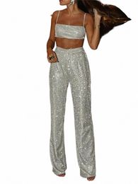 Wsevypo Femmes Gilet et Pantalon Costumes Skinny Glitters Spaghetti Strap Crop Tops Taille Haute Lg Pantalon Party Clubwear Ensemble K4CX #