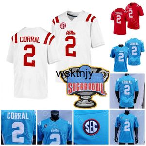 Wsk NCAA College Ole Miss Rebels Football Jersey Matt Corral Sugar Bowl Patch Rood Baby Blauw Wit Maat S-3XL Allemaal gestikt borduurwerk