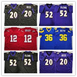 Wskt Hommes Rétro College Football 12 Tom Brady 20 Ed Reed 52 Ray Lewis Jerome Bettis Cousu Noir Violet Rouge Bleu Jersey Pas Cher