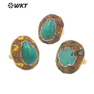 WT-R498 Vintage Style Strassestone en ITE Turquoise Stone Setting Handmade instelbare Sizee Gold Puled Ring 240403
