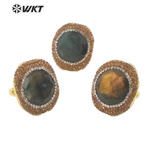 WT-R499 WKT Design flitsende ronde facetted hoogwaardige 18k gouden reuze strass Rhinestone rond labradoriet stenen ring 10 stcs 240403