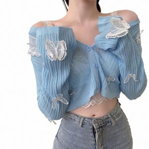 Wtempo Vlinder Gebreide Vesten Vrouwen Koreaanse Sexy V-hals Leuke Crop Tops Dames Zomer Dunne Lg Mouwen Zonnebrandcrème Jassen m14x #