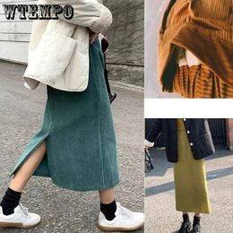 WTEMPO faldas de pana de moda sólida para mujer Otoño Invierno coreano suelto versátil Retro cintura alta longitud media Aline 240106