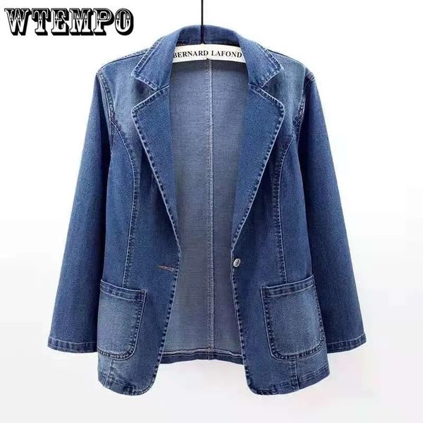 WTEMPO femmes un bouton Jean manteau Durable grande taille Cardigan dames mi-lavé Denim Biker vestes printemps automne Blazer 240119