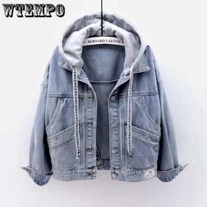 WTEMPO femmes épissé à capuche cordon à manches longues Denim manteau boutonné à capuche bleu noir Jean printemps vêtements d'extérieur automne 240119