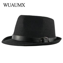 WUAUMX Otoño Invierno Jazz Retro Jazz Men Fuel Futoras Fedoras para macho Solid Trilby Panamá Bowler Black Brim3039